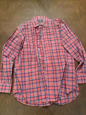 Southern Point Co Never Worn Coral Red and Navy Plaid Button-Down Shirt